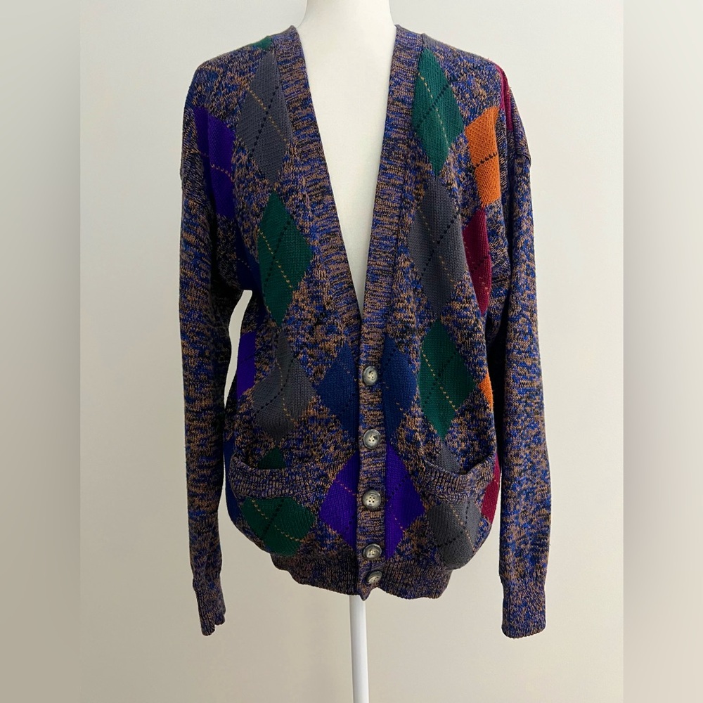 Vintage Eddie Bauer Blue & Yellow Knitted Cardigan Sweater 100% Cotton Sz XL